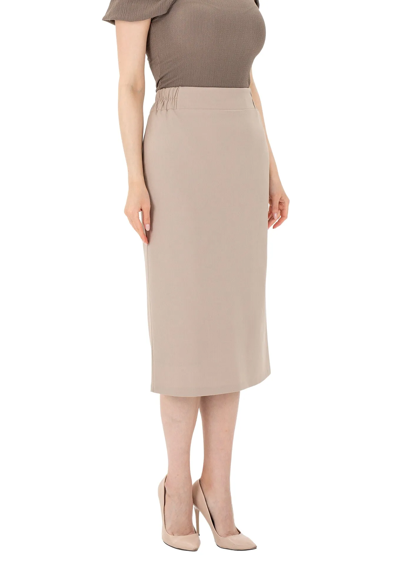 Stone Midi Pencil Skirt with Elastic Waist and Closed Back Vent